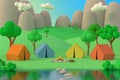 Summer camp in the forest in the afternoon on a background of mountains. Colored tents around the fire. 3D render Royalty Free Stock Photo