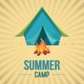 Summer camp in forest banner vector illustration. Vacation and tourism concept. Travelling equipment such as tent