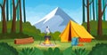 Summer camp in forest with bonfire, tent, backpack