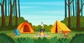 Summer camp in forest with bonfire, tent, backpack