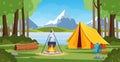 Summer camp in forest with bonfire, tent, backpack and lantern.