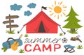 Summer camp. Hand Drawn Camping and Travelling equipment such as tent, guitar, axe and others. Poster in flat style, vector