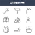 9 summer camp icons pack. trendy summer camp icons on white background. thin outline line icons such as teapot, camping gas,