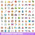 100 summer camp icons set, cartoon style