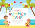Summer Camp Invitation Card with Happy Boy and Girl in Swimwear at Sea Shore Playing Ball Vector Illustration