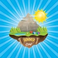 Summer camp kids logo concept illustration with green valley, mountains, trees, sun, clouds, camp fire, camping tent and