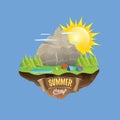 Summer camp kids logo concept illustration with green valley, mountains, trees, sun, clouds, camp fire, camping tent and