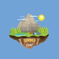 Summer camp kids logo concept illustration with green valley, mountains, trees, sun, clouds, camp fire, camping tent and