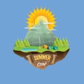 Summer camp kids logo concept illustration with green valley, mountains, trees, sun, clouds, camp fire, camping tent and