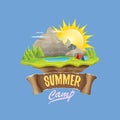 Summer camp kids logo concept illustration with green valley, mountains, trees, sun, clouds, camp fire, camping tent and