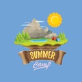 Summer camp kids logo concept illustration with green valley, mountains, trees, sun, clouds, camp fire, camping tent and