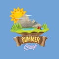 Summer camp kids logo concept illustration with green valley, mountains, trees, sun, clouds, camp fire, camping tent and