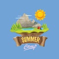 Summer camp kids logo concept illustration with green valley, mountains, trees, sun, clouds, camp fire, camping tent and