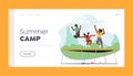 Summer Camp Landing Page Template. Little Kids Jumping and Hopping On Trampoline at Sunny Day. Friends Celebrate Party Royalty Free Stock Photo