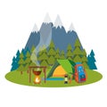 Summer camp landscape with tent and campfire forest and mountains on the background