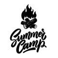 Summer camp. Lettering phrase with illustration of campfire. Design element for poster, card, banner, t shirt, emblem, sign