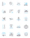 Summer camp linear icons set. Adventure, Nature, Friendship, Exploration, Campfire, Water sports, Wilderness line vector