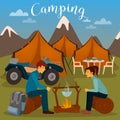 Summer Camp. Man and Woman sitting by Fireplace. Camping and ATV Royalty Free Stock Photo