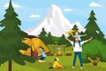 Summer camp on nature, in forest, vacation with tent, adventure vector illustration. Family camping and cooking in