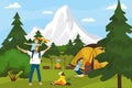 Summer camp on nature, in forest, vacation with tent, adventure vector illustration. Family camping and cooking in Royalty Free Stock Photo