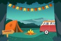 Summer camp at night with tent, campfire, and camper van. Vector illustration Royalty Free Stock Photo