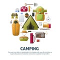 Summer camp poster of forest and hiking camping tools. Royalty Free Stock Photo