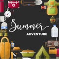 Summer camp poster of forest and hiking camping tools. Royalty Free Stock Photo