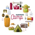 Summer camp vector posters of camping tools Royalty Free Stock Photo