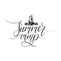 Summer Camp poster with lettering. Vector touristic label or logo template with hand drawn bonfire illustration.