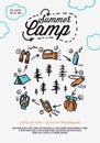 Summer Camp poster. Tent, Campfire, Pine forest and rocky mountains background, vector illustration. Royalty Free Stock Photo