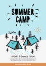 Summer Camp poster. Tent, Campfire, Pine forest and rocky mountains background, vector illustration. Royalty Free Stock Photo