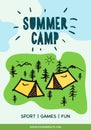 Summer Camp poster. Tent, Campfire, Pine forest and rocky mountains background, vector illustration. Royalty Free Stock Photo