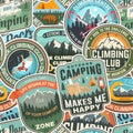 Summer camp and rock climbing colorful seamless pattern with climber, carabiner and mountains. Vector. Background Royalty Free Stock Photo