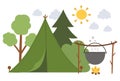 Summer camp scene with green tent, fire, forest. Vector campfire illustration with boiler. Active holidays or local tourism