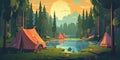 Summer camp scene with tents on the lake in the forest at sunset. Generative AI Royalty Free Stock Photo