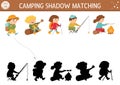 Summer camp shadow matching activity with cute children. Family nature trip puzzle with kids fishing, hiking, playing guitar. Find