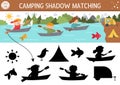 Summer camp shadow matching activity with cute rafting children on boats. Family nature trip puzzle with kayaking kids. Find the