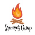 Summer Camp text with Cartoon fire. Bonfire, camp fire badge or label. Sticks or firewood burn in red fire. Burning wood Royalty Free Stock Photo