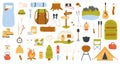 Summer camp tools and hiking gears for tourist set, travel scrapbook elements collection
