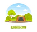 Summer Camp, Tourist Tent on Summer Forest Landscape Vector Illustration Royalty Free Stock Photo