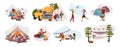 Summer camp visitors flat vector illustrations set. Holidaymakers isolated cartoon characters. Travelers, hikers resting in tent,