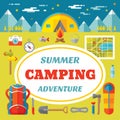 Summer camping adventure - creative vector banner in flat style Royalty Free Stock Photo