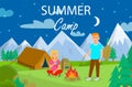 Summer Camping in Forest Cartoon Illustration Royalty Free Stock Photo