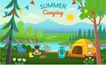 Summer Camping. Forest landscape with trees, bushes, flowers, road, a lake, tents, a bonfire, a backpack. Concept camping and