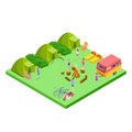 Summer camping isometric with van and tents vector location