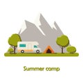 Summer camping Sunny day landscape illustration in flat style with tent, campfire, mountains, forest. Background for summer camp, Royalty Free Stock Photo