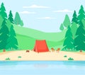 Summer landscape with forest on hills near river. National park or reserve with lake. Natural background. Vector Royalty Free Stock Photo