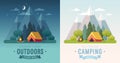 Summer Camping morning and night graphic posters. Banners with mountains, trees, tent and campfire. Royalty Free Stock Photo