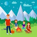 Summer Camping in Mountains Cartoon Illustration