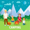 Summer Camping in Mountains Flat Drawing with Text